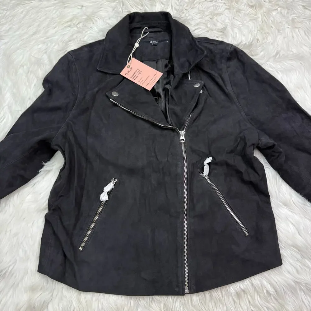 Quince‎ 100% Suede Biker Jacket Charcoal Black Size L Goat Leather Classic NWT